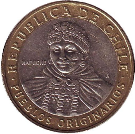 Монета 100 песо. 2010 год, Чили. Из обращения. Индеец Мапуче.