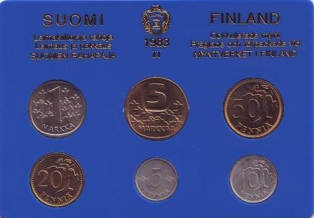 Набор монет Финляндии (6 шт), 1983 год, Финляндия. (в банковской упаковке). Вар II, Отметка - N.