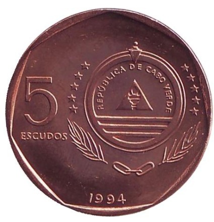 Монета 5 эскудо. 1994 год, Кабо-Верде. Колокольчики Якова. UNC. Монета 5 эскудо. 1994 год, Кабо-Верде. Колокольчики Якова. UNC.