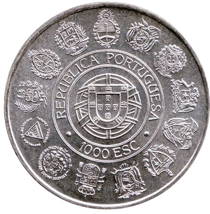 Монета 1000 эскудо, 1992 год, Португалия. 500-летие открытия Америки. Встреча двух миров. Монета 1000 эскудо, 1992 год, Португалия. 500-летие открытия Америки. Встреча двух миров.