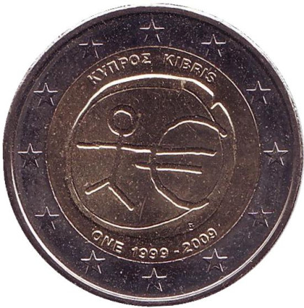 Монета 2 евро, 2009 год, Кипр. 10 лет Экономическому и валютному союзу.