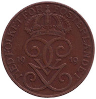 Монета 5 эре. 1919 год, Швеция. (Бронза) Монета 5 эре. 1919 год, Швеция. (Бронза)