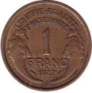 Монета 1 франк. 1932 год, Франция. Монета 1 франк. 1932 год, Франция.