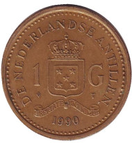 Монета 1 гульден. 1990 год, Нидерландские Антильские острова. Монета 1 гульден. 1990 год, Нидерландские Антильские острова.