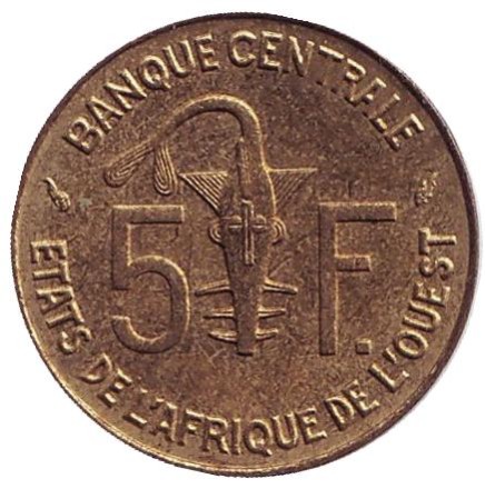 Монета 5 франков. 1989 год, Западные Африканские Штаты. Монета 5 франков. 1989 год, Западные Африканские Штаты.