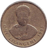 Монета 1 лилангени. 1995 год, Свазиленд. Король Мсавати III. Дзелигве Шонгве. Монета 1 лилангени. 1995 год, Свазиленд. Король Мсавати III. Дзелигве Шонгве.