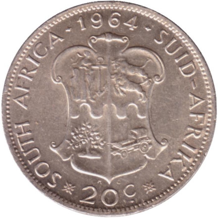 Монета 20 центов. 1964 год, ЮАР. Монета 20 центов. 1964 год, ЮАР.
