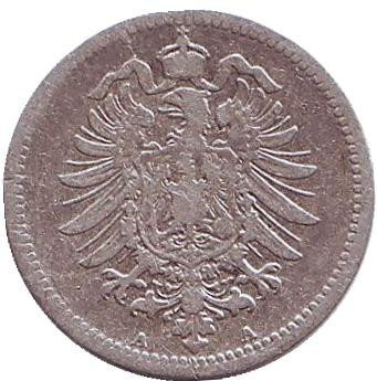 Монета 20 пфеннигов. 1874 год (A), Германская империя. Монета 20 пфеннигов. 1874 год (A), Германская империя.