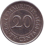 Монета 20 центов. 1991 год, Маврикий. Монета 20 центов. 1991 год, Маврикий.