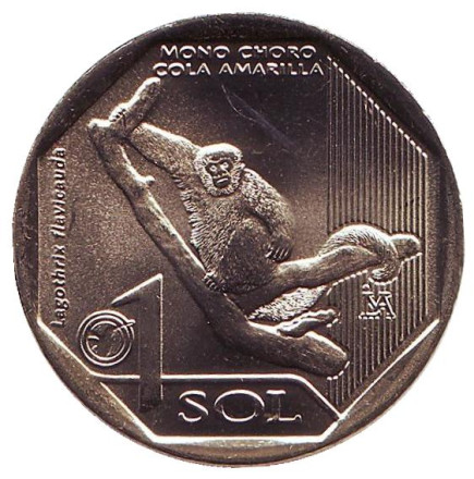 Монета 1 соль. 2019 год, Перу. Желтохвостая обезьяна.