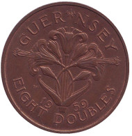 Монета 8 дублей. 1959 год, Гернси. Лилия. Монета 8 дублей. 1959 год, Гернси. Лилия.