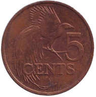 Монета 5 центов. 1979 год, Тринидад и Тобаго. Райская птица. Монета 5 центов. 1979 год, Тринидад и Тобаго. Райская птица.