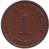 Монета 1 пфенниг. 1912 год (A), Германская империя. Монета 1 пфенниг. 1912 год (A), Германская империя.