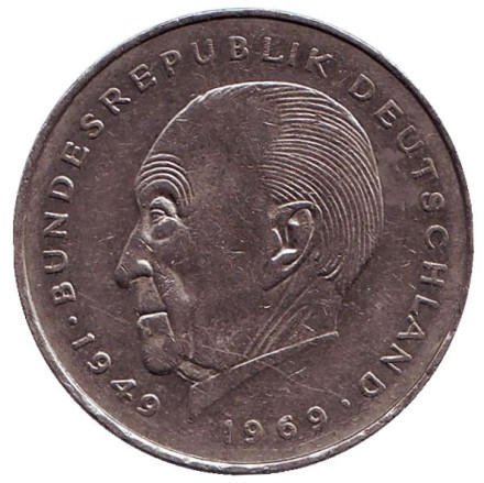Монета 2 марки. 1987 год (F), ФРГ. Из обращения. Конрад Аденауэр.