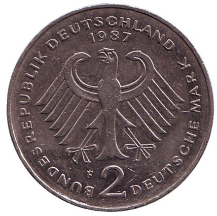 Монета 2 марки. 1987 год (F), ФРГ. Конрад Аденауэр. Монета 2 марки. 1987 год (F), ФРГ. Конрад Аденауэр.