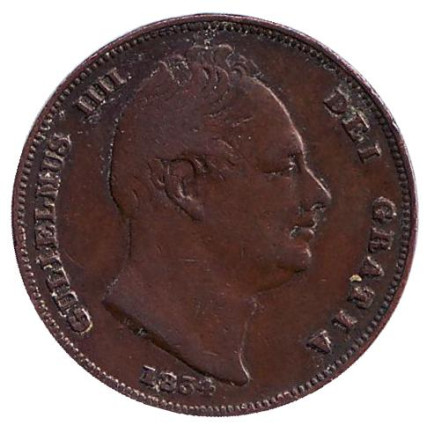 Монета 1 фартинг. 1834 год, Великобритания.