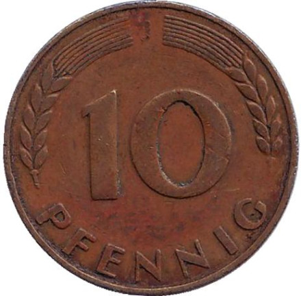 Монета 10 пфеннигов. 1949 год (J), ФРГ. Дубовые листья.
