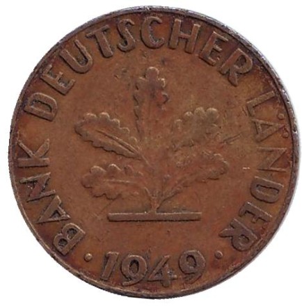 Монета 10 пфеннигов. 1949 год (J), ФРГ. Дубовые листья.