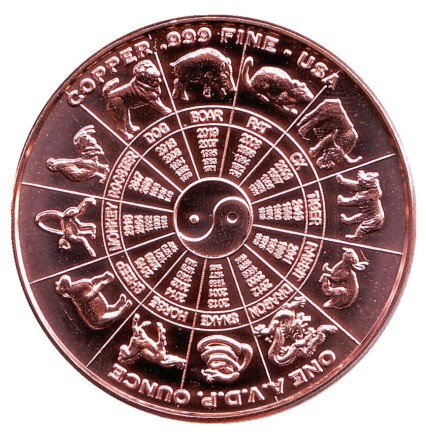 Володей. "Знаки зодиака." Монетовидный жетон. Унция меди 999. США.  Володей. "Знаки зодиака." Монетовидный жетон. Унция меди 999. США.