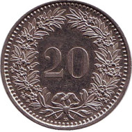 Монета 20 раппенов. 1989 год, Швейцария. Монета 20 раппенов. 1989 год, Швейцария.