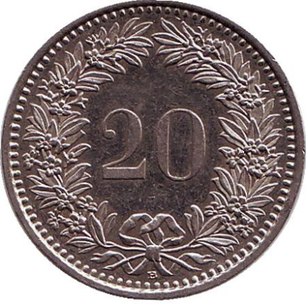 Монета 20 раппенов. 1989 год, Швейцария.