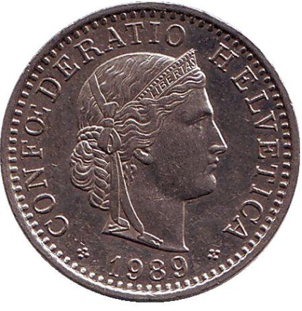 Монета 20 раппенов. 1989 год, Швейцария.