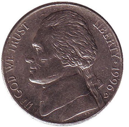 Монета 5 центов. 1996 год (D), США. Джефферсон. Монтичелло.