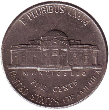 Монета 5 центов. 1996 год (D), США. Джефферсон. Монтичелло.