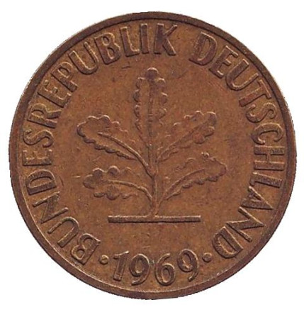 Монета 10 пфеннигов. 1969 год (F), ФРГ. Дубовые листья.