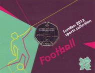 Монета 50 пенсов. 2011 год, Великобритания. Футбол. Летние Олимпийские игры 2012 года в Лондоне. В блистере. Монета 50 пенсов. 2011 год, Великобритания. Футбол. Летние Олимпийские игры 2012 года в Лондоне. В блистере.