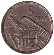Монета 5 песет. 1957 год, Испания. (74 внутри звезды). Монета 5 песет. 1957 год, Испания. (74 внутри звезды).