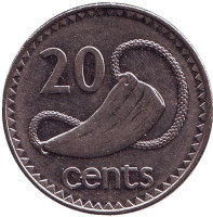 Культовый атрибут Tabua (зуб кита) на плетеном шнурке. Монета 20 центов. 1998 год, Фиджи.