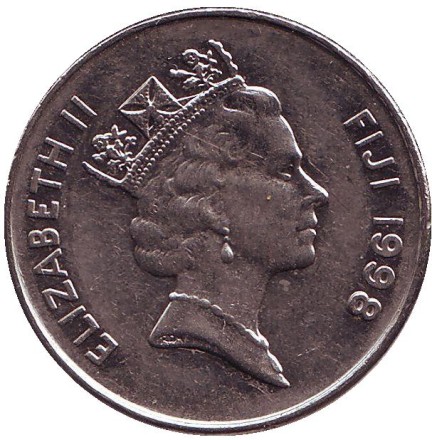 Монета 20 центов. 1998 год, Фиджи. Культовый атрибут Tabua (зуб кита) на плетеном шнурке.