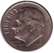 Монета 10 центов. 2003 (D) год, США. Рузвельт. Монета 10 центов. 2003 (D) год, США. Рузвельт.