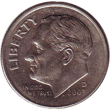 Монета 10 центов. 2003 (D) год, США. Рузвельт.