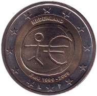 Монета 2 евро, 2009 год, Нидерланды. 10 лет Экономическому и валютному союзу. Монета 2 евро, 2009 год, Нидерланды. 10 лет Экономическому и валютному союзу.