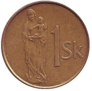 Монета 1 крона. 2002 год, Словакия. Мадонна с младенцем. Монета 1 крона. 2002 год, Словакия. Мадонна с младенцем.