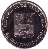 Монета 50 сентимо, 1990 год, Венесуэла. Герб Венесуэлы. Монета 50 сентимо, 1990 год, Венесуэла. Герб Венесуэлы.