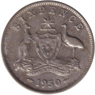 Монета 6 пенсов. 1950 год, Австралия. Монета 6 пенсов. 1950 год, Австралия.