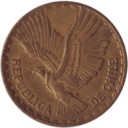Монета 10 чентезимо. 1966 год, Чили. Кондор.