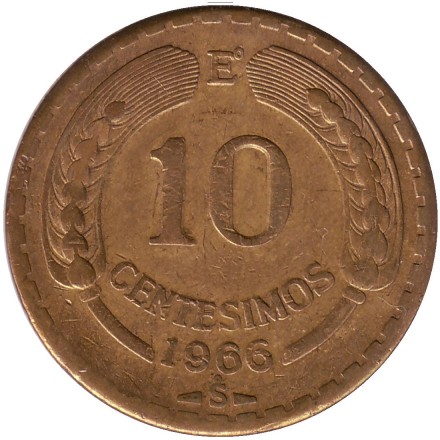 Монета 10 чентезимо. 1966 год, Чили. Кондор. Монета 10 чентезимо. 1966 год, Чили. Кондор.