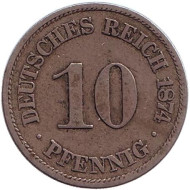 Монета 10 пфеннигов. 1874 год (A), Германская империя. Монета 10 пфеннигов. 1874 год (A), Германская империя.