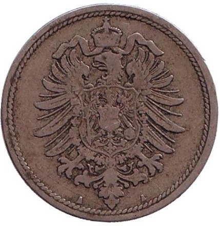 Монета 10 пфеннигов. 1874 год (A), Германская империя. Монета 10 пфеннигов. 1874 год (A), Германская империя.