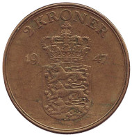 Монета 2 кроны. 1947 год, Дания. Фредерик IX. Монета 2 кроны. 1947 год, Дания. Фредерик IX.