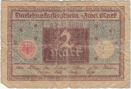 Банкнота 2 марки. 1920 год, Веймарская республика. Изображение - коричневый, печать - красный цвет. 2 и 6 цифр в нумераторе.