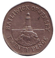 Монета 20 пенсов. 1996 год, Джерси. Маяк в Ла-Корбьере. Монета 20 пенсов. 1996 год, Джерси. Маяк в Ла-Корбьере.