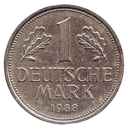 Монета 1 марка. 1988 год (G), ФРГ.