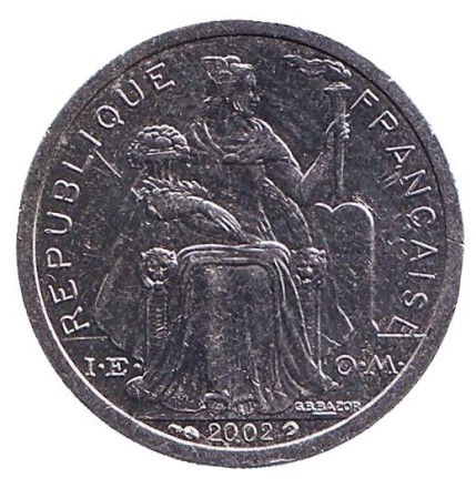 Монета 1 франк. 2002 год, Новая Каледония. Птица кагу. Монета 1 франк. 2002 год, Новая Каледония. Птица кагу.