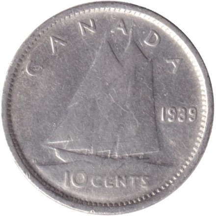 Монета 10 центов. 1939 год, Канада. Парусник.