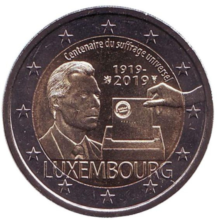 Монета 2 евро. 2019 год, Люксембург. 100 лет всеобщему избирательному праву в Люксембурге.